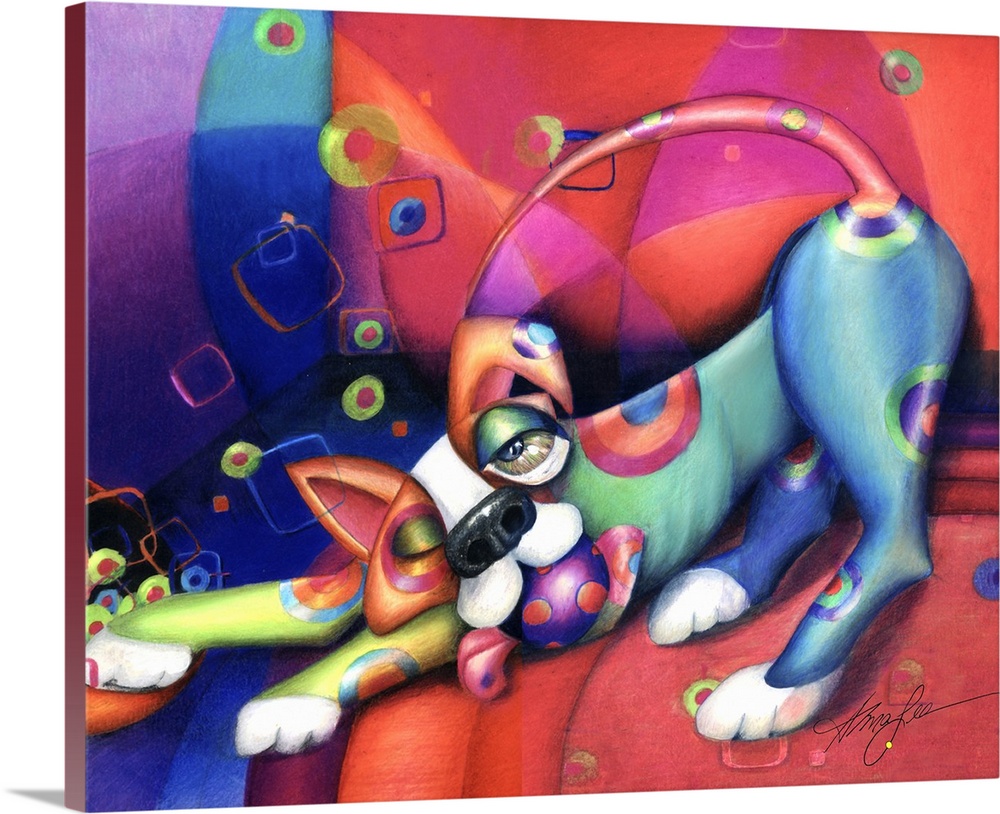 Contemporary artwork in the style of cubism of a stretching dog with a ball in bold colors.