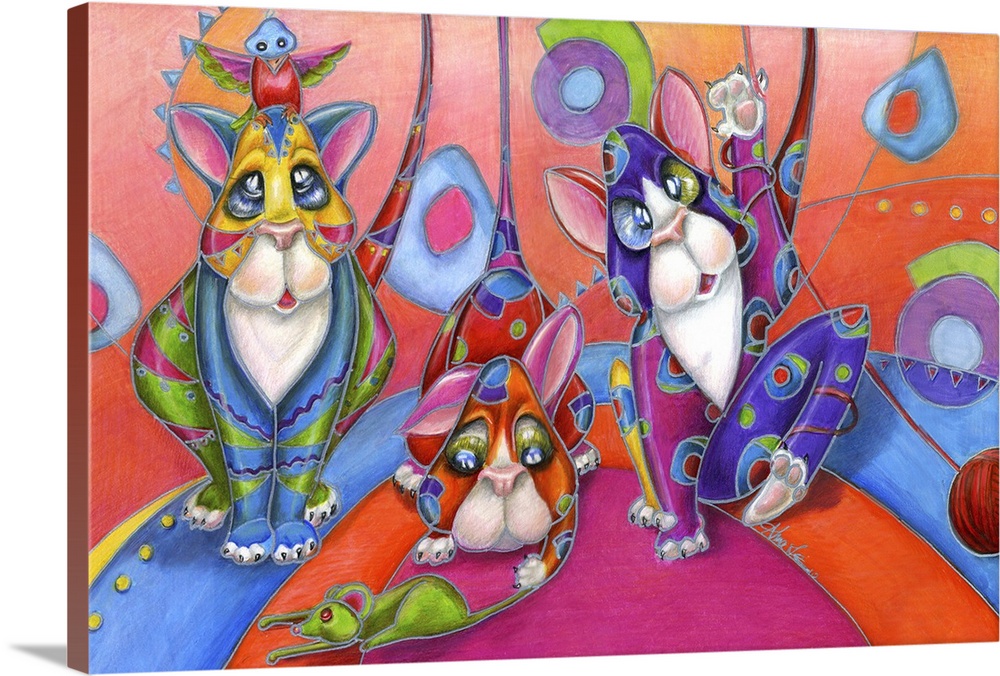 Contemporary artwork in the style of cubism of three cats in bold colors.