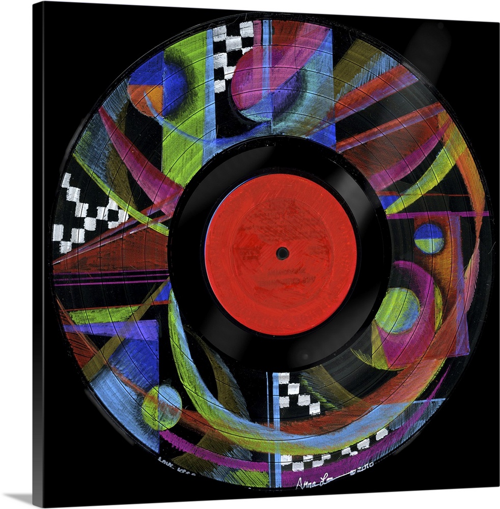 Square abstract painting of vivid colored shapes in the design of a vinyl record.