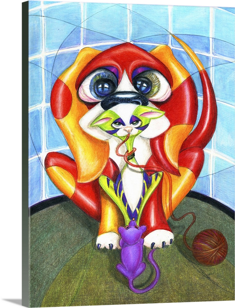 Contemporary artwork in the style of cubism of a cat and dog in bold colors.