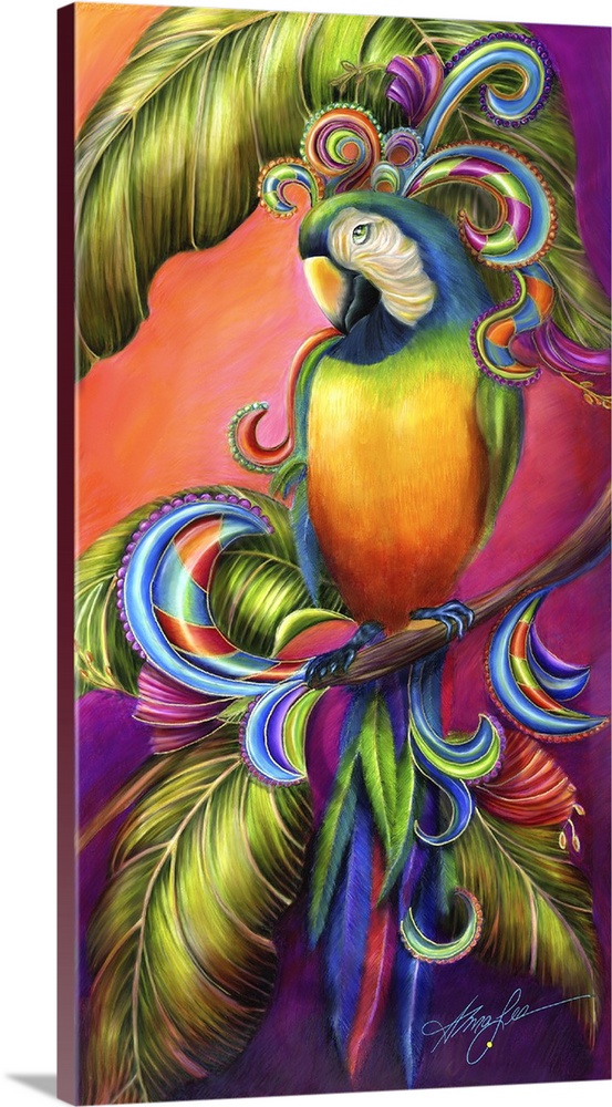 A colorful vertical painting of a parrot perched on a tree branch against a vibrant background.
