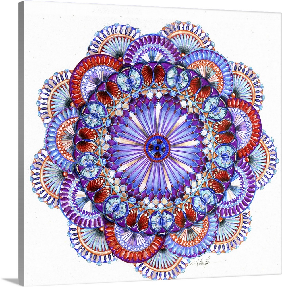 A colorful square spiral graph in a floral shape in colors of red and blue.