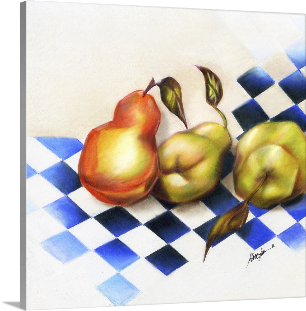 Still life painting of three pears on a blue and white checkered background.