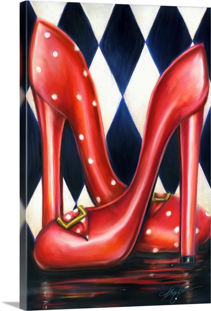 A vertical contemporary painting of a pair of red heels against a diamond checkered background.