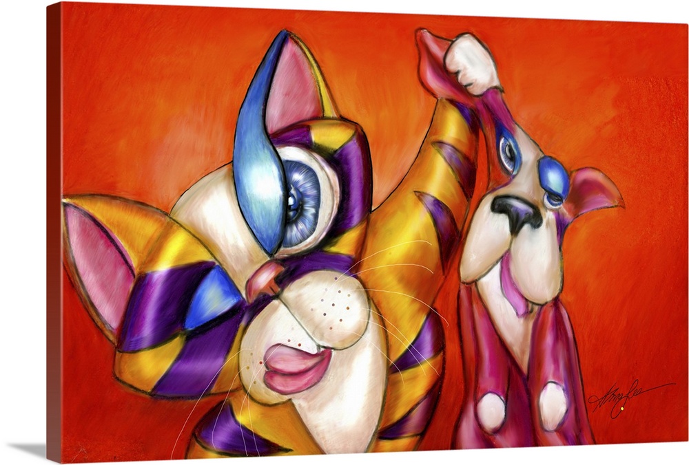 Contemporary artwork in the style of cubism of a cat holding out a dog costume in bold colors.