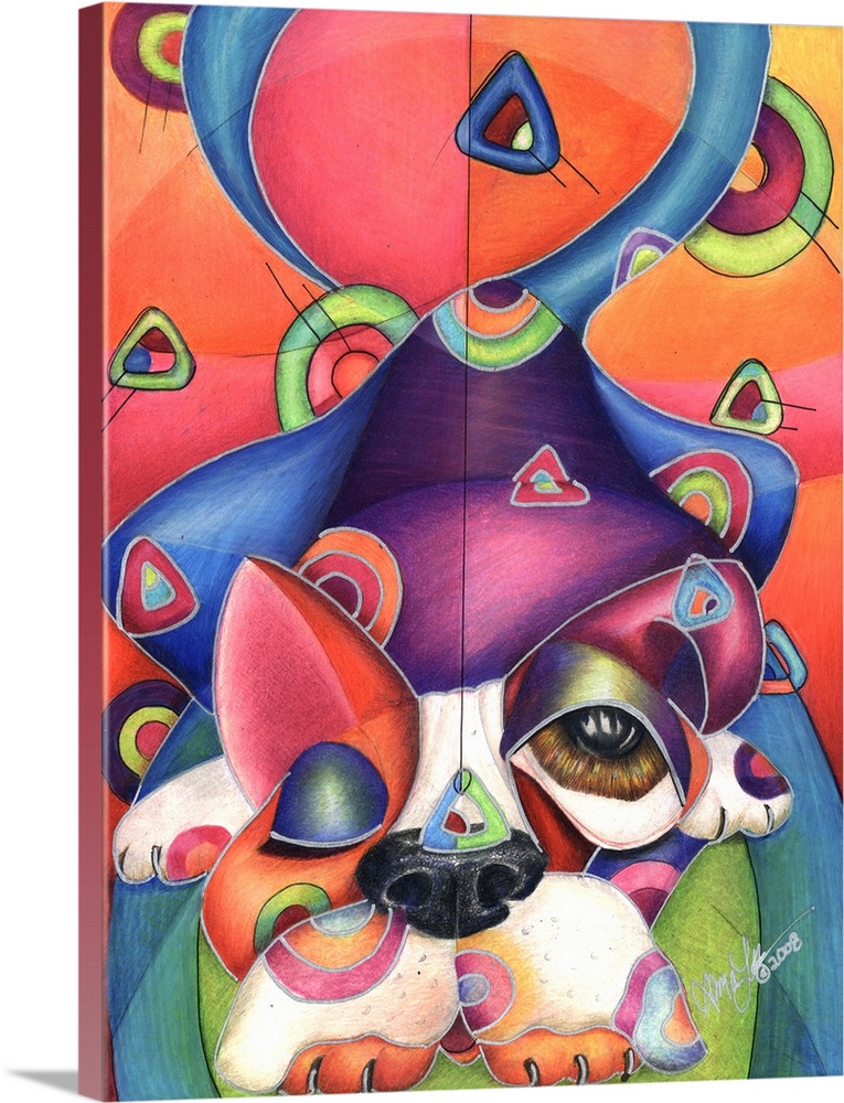 Contemporary artwork in the style of cubism of a dog laying in bold colors.