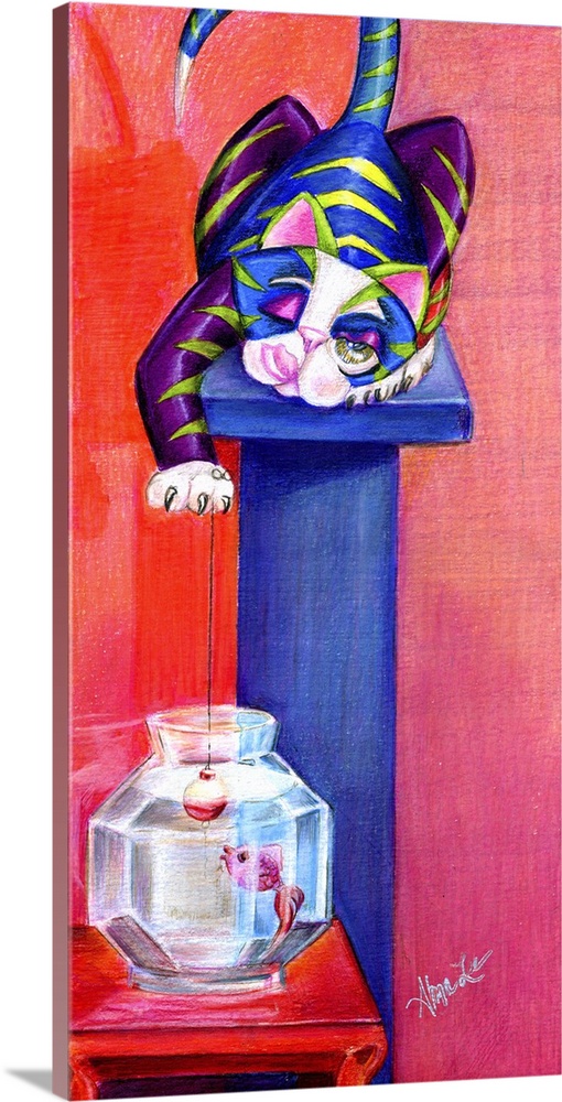 A vertical painting of a cat on a pedestal peering at a fish bowl.