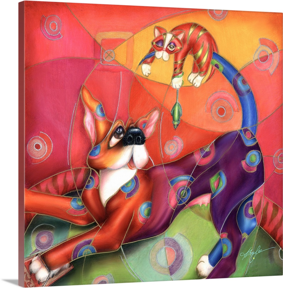 Contemporary artwork in the style of cubism of a dog with a cat on his tail in bold colors.
