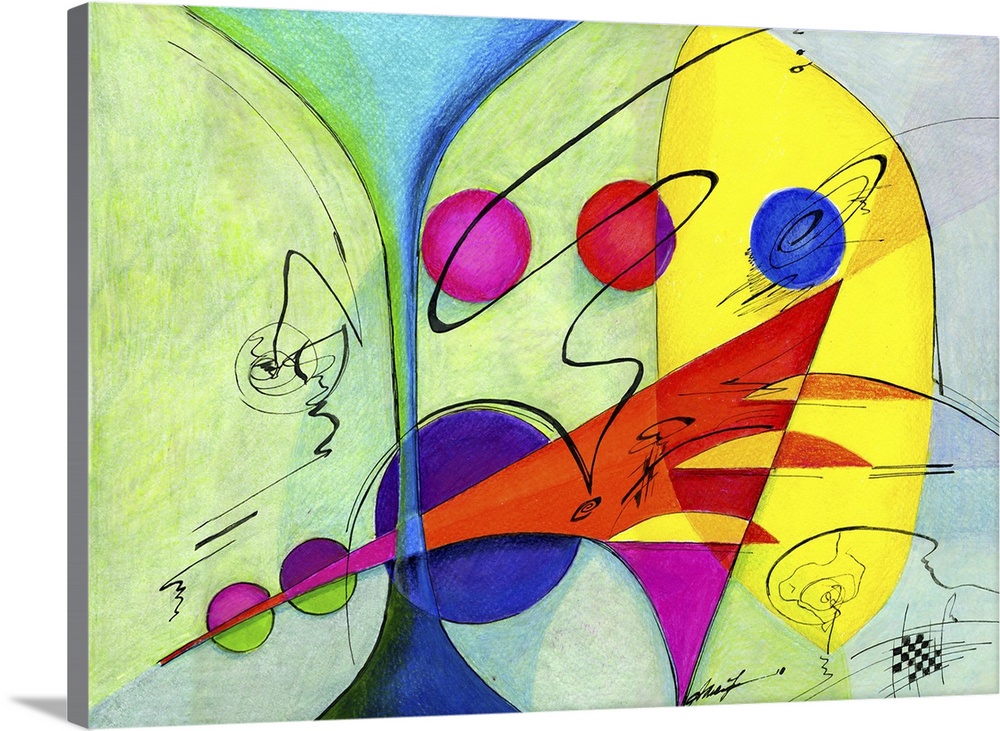 Horizontal abstract painting of vibrant colored shapes of circles and triangles.