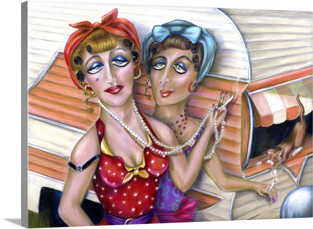 Contemporary painting of two women smoking in front of a trailer with a cat in the window.