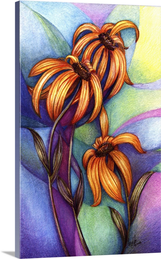 Vertical modern painting of vibrant orange flowers against a color blocked scenery.