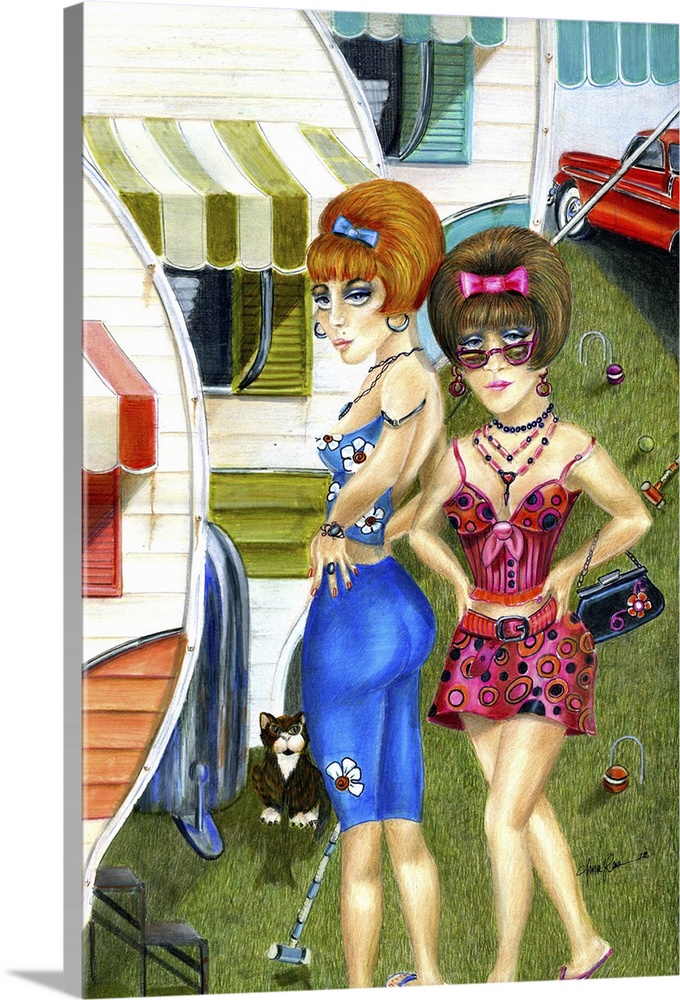 Contemporary painting of two woman standing in front of a trailer with a cat.