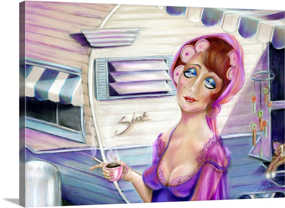 Contemporary painting of a woman holding a coffee in front of a trailer with a cat in the window.