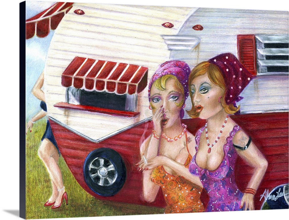 Contemporary painting of two woman talking in front of a trailer with a person hiding behind it.