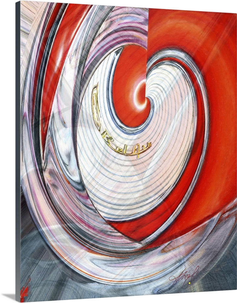 Vertical abstract painting of vibrant colors in a spiral shape.