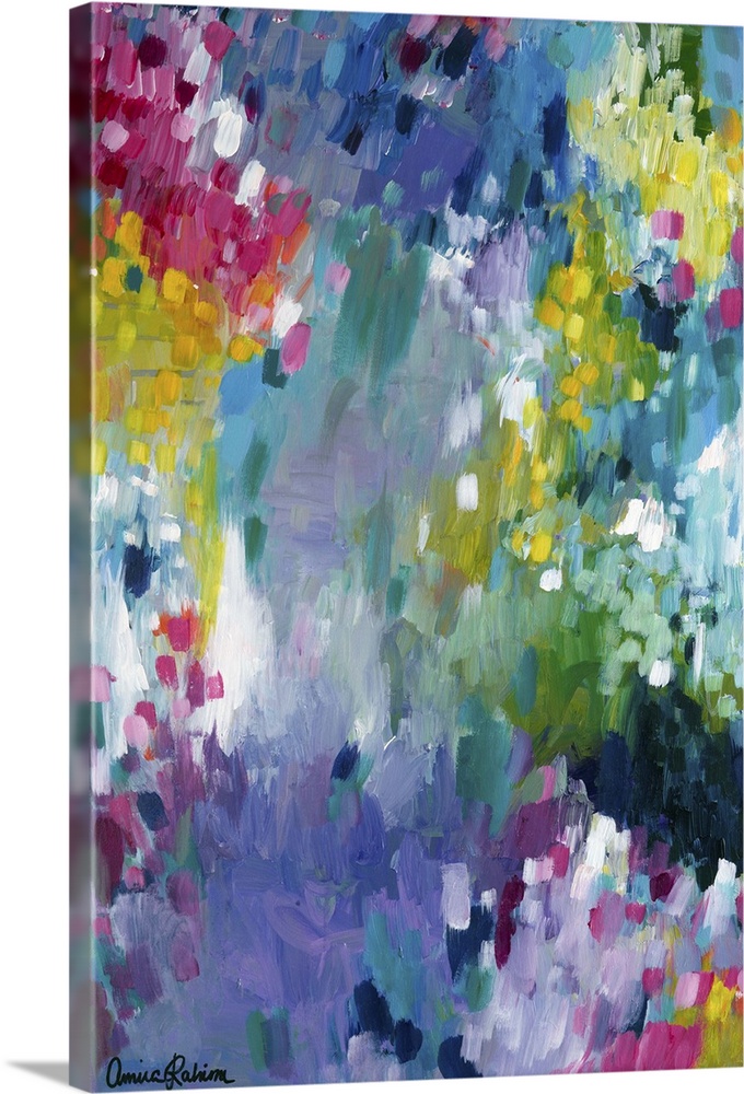 Contemporary abstract painting in shades of purple, yellow, pink, and green.