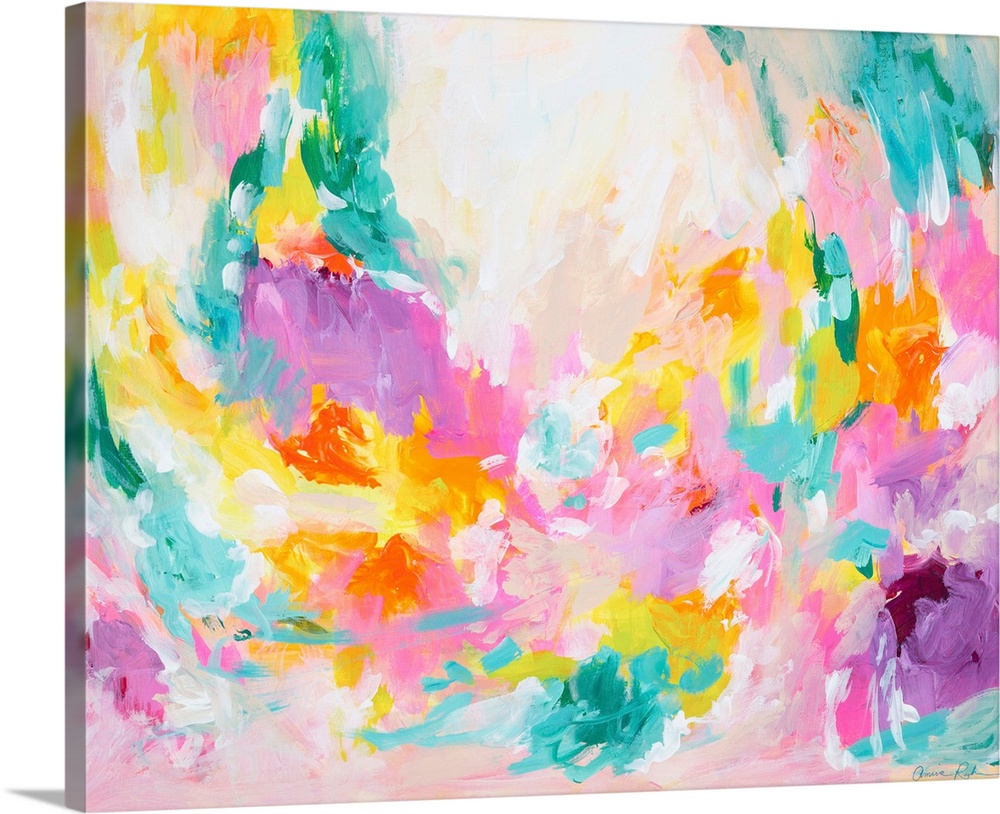 Contemporary abstract artwork in vibrant shades of pink, yellow, purple, and teal.