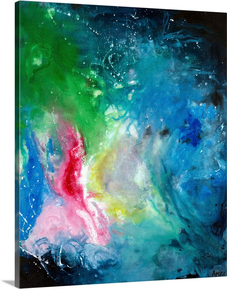 Contemporary mixed media abstract painting in deep blue with a pop of pink and green.