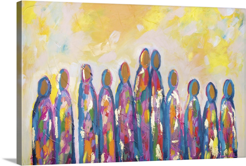 Contemporary semi-abstract painting of a colorful group of figures in a row.