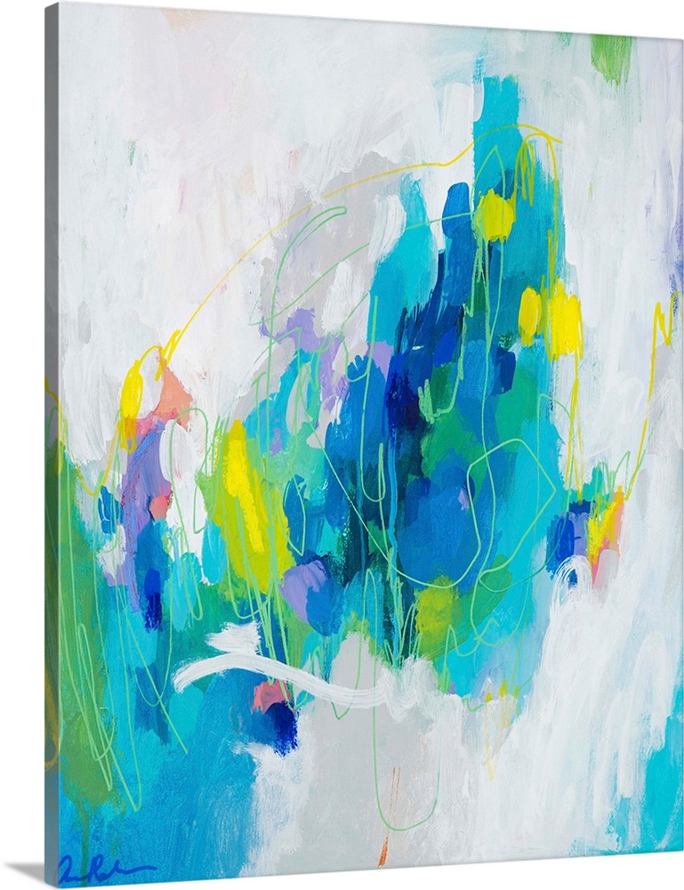 Contemporary abstract art with blue and turquoise tones surrounded by white.