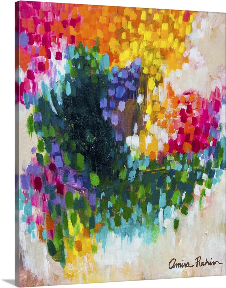 Abstract contemporary artwork made of vibrant spots of pink, yellow, green, and purple.