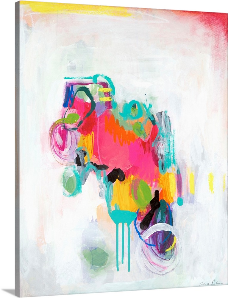 Abstract mixed media artwork with vivid pink, teal, and yellow color on white.