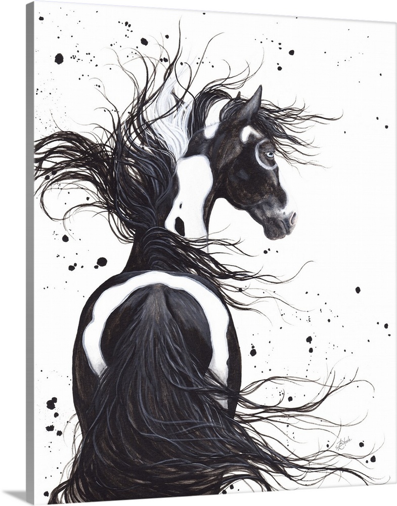 Majestic Series of Native American inspired horse paintings of a black and white pinto mustang.