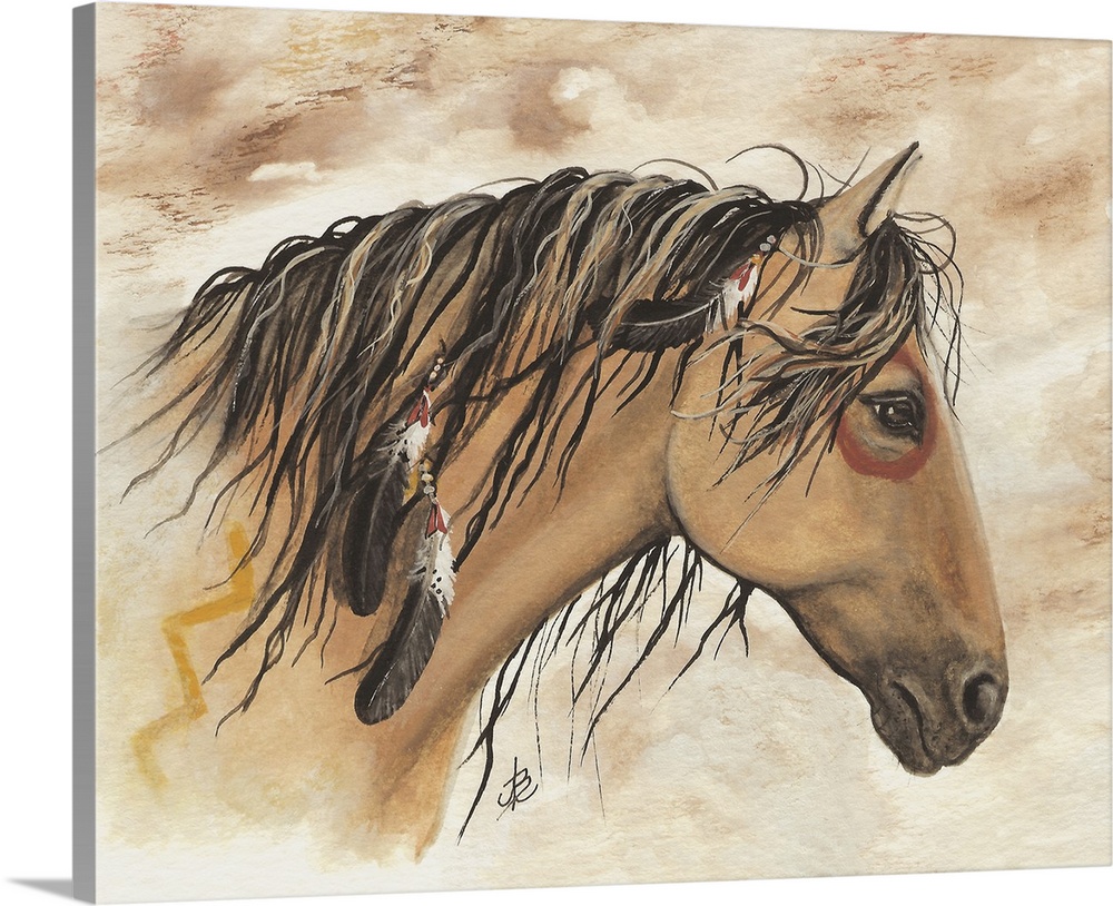 Majestic Series of Native American inspired horse paintings of a buckskin mustang.
