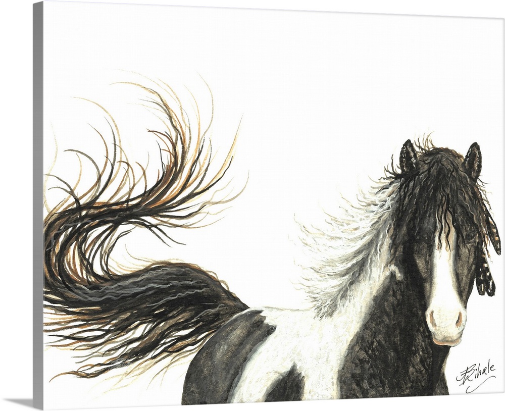 Majestic Series of Native American inspired horse paintings of a pinto mustang.