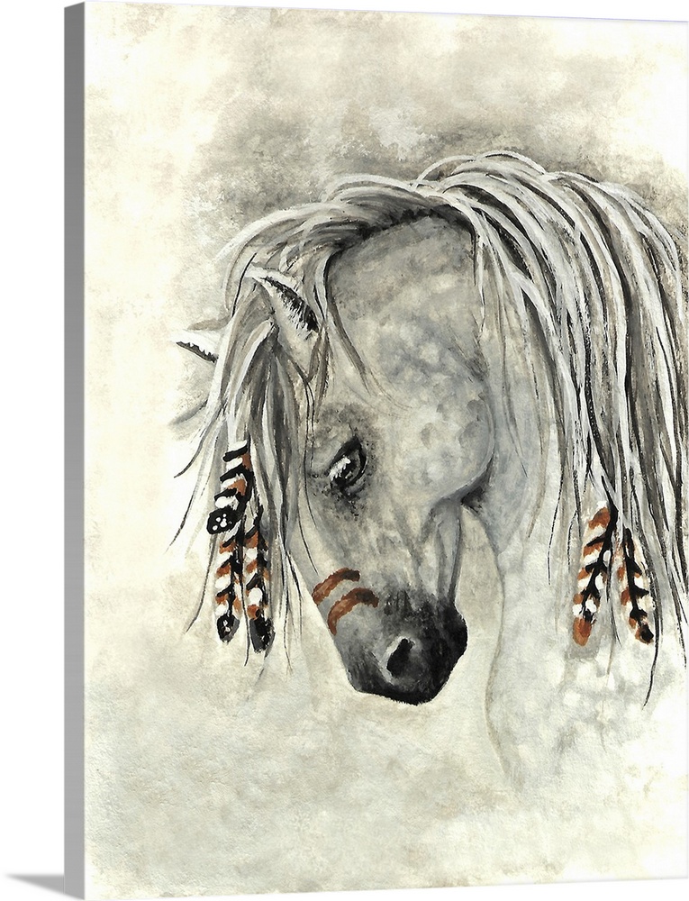 Majestic Series of Native American inspired horse paintings of a Dapple Grey horse.