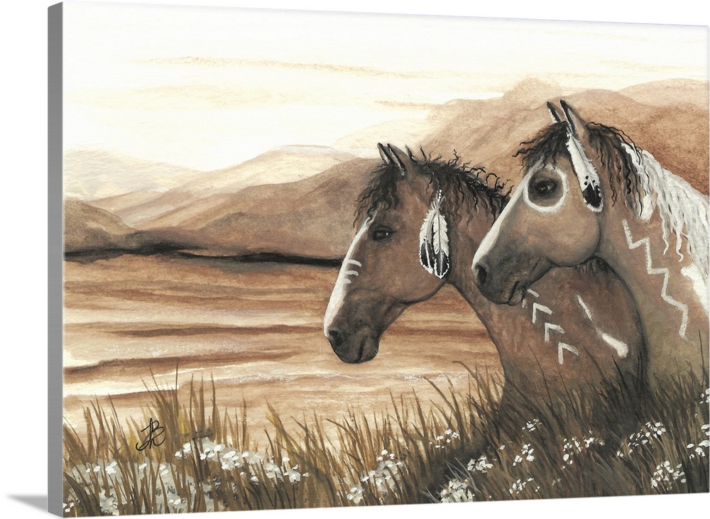 Majestic Series of Native American inspired horse paintings of two pintos in a field.