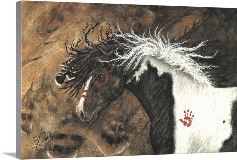 Majestic Series of Native American inspired horse paintings of a Nagi Curly stallion.