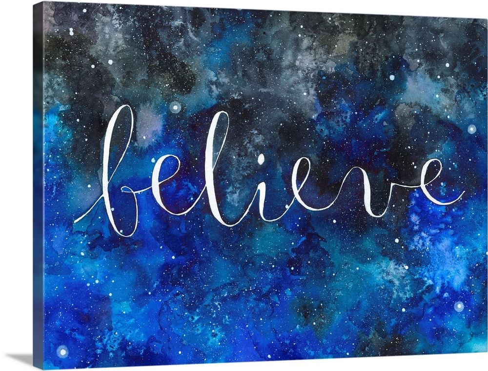 The word "Believe" handwritten on a starry night sky.