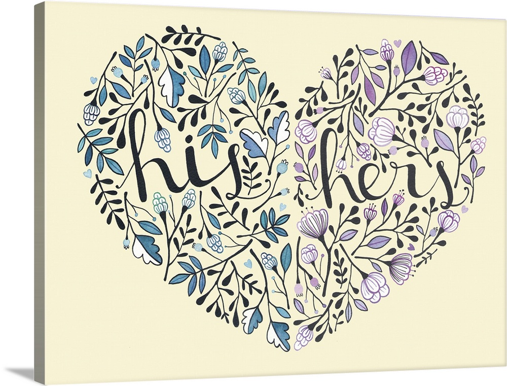 Contemporary painting of a heart made up of two sides of leaves and flowers, labeled "His" and "Hers."
