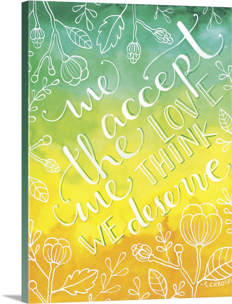 Hand-lettered text about love surrounded by simple drawings of flowers and leaves on a gradient background.
