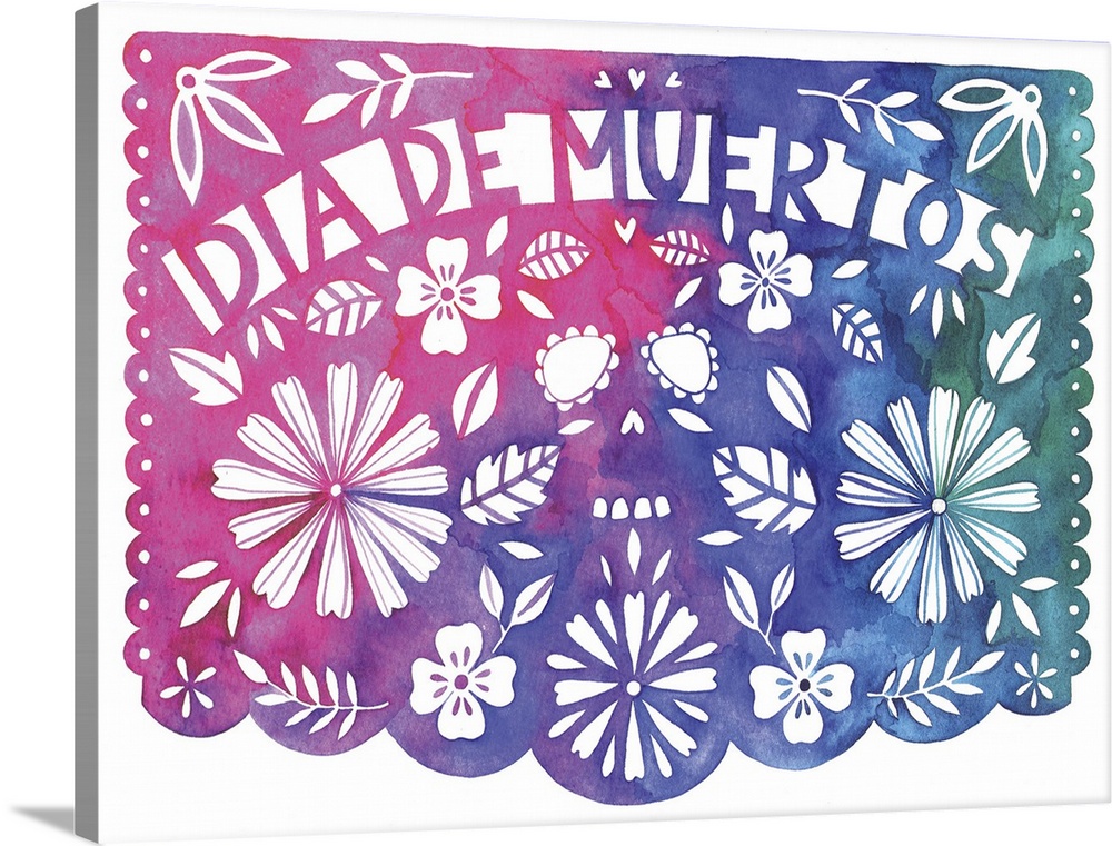 Festive paper-cut style banner celebrating the Dia de Muertos with cutouts of flowers and leaves.
