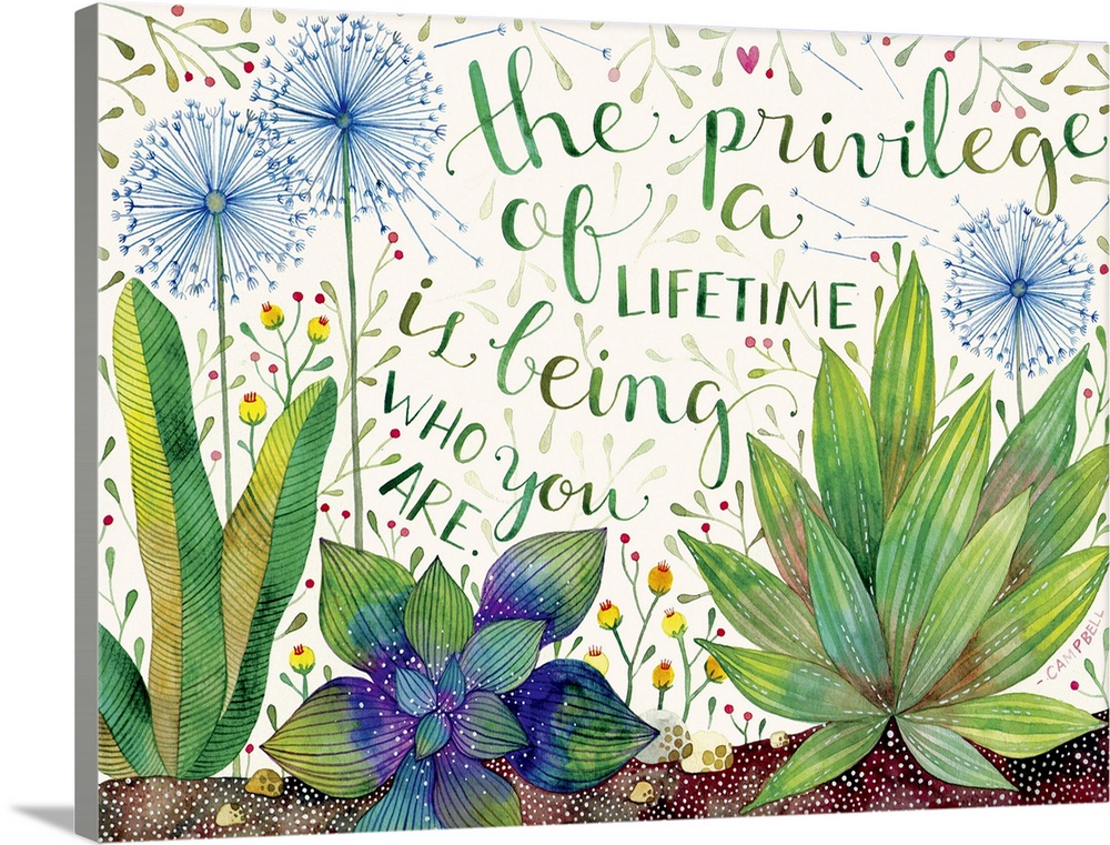 Contemporary painting of small plants and dandelions under an inspirational quote.