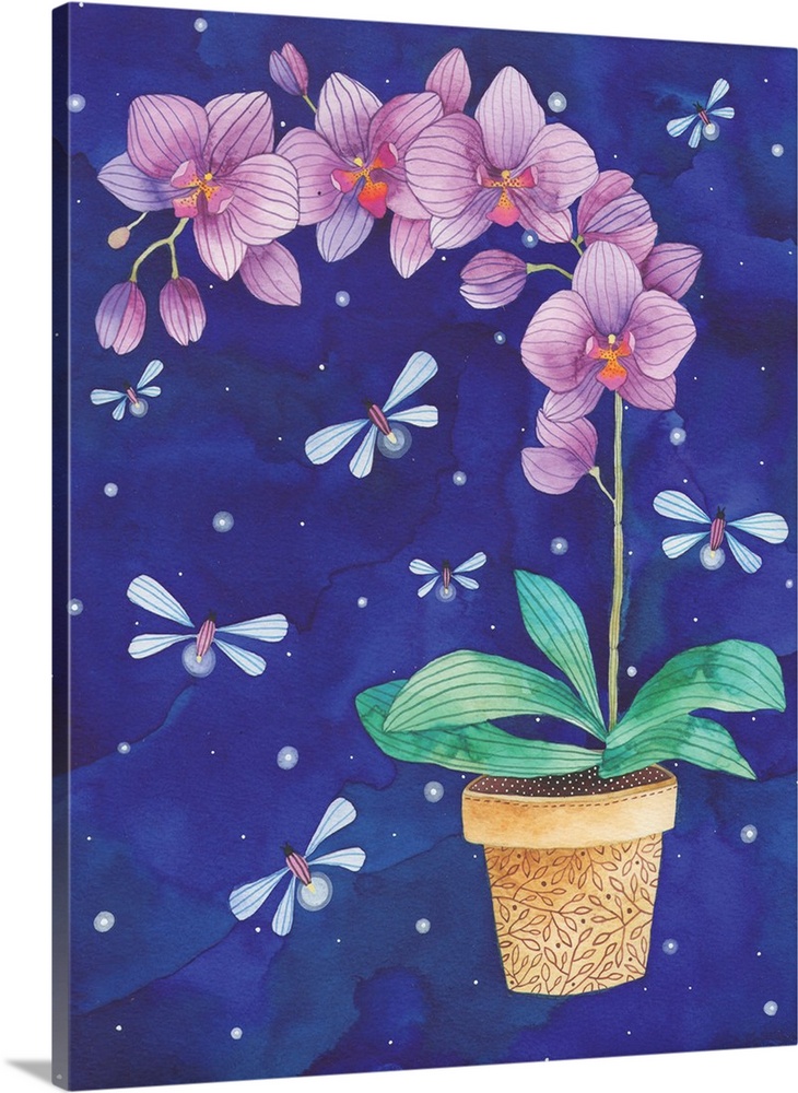 Contemporary painting of a potted orchid in full bloom surrounded by fireflies.