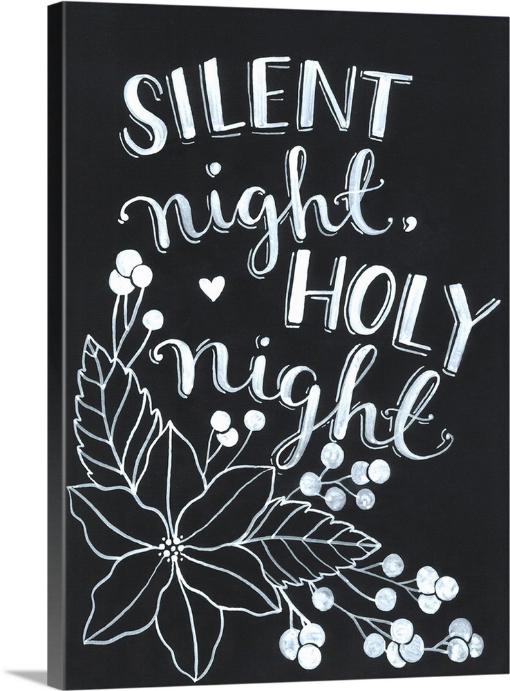 The words "Silent night, holy night" handwritten on a dark background with a large poinsettia flower.