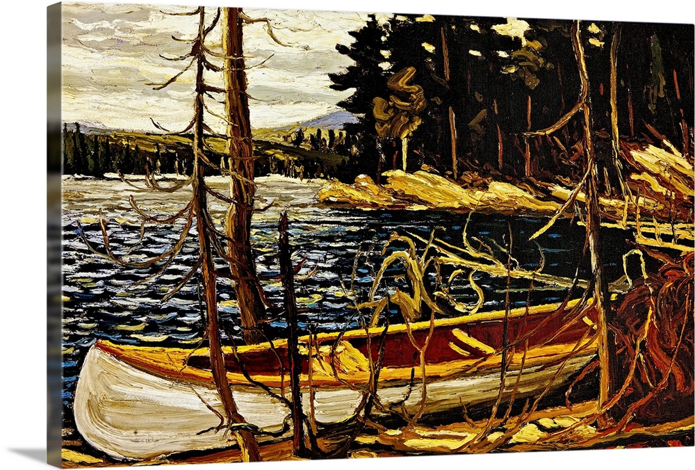 Big, landscape painting of an empty canoe banked against small trees along the shore.  A dense forest of pines in the back...