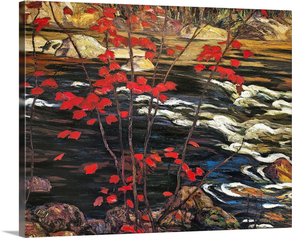 Painting of brightly colored fall leaves with a river running over rocks and a forest in the distance.