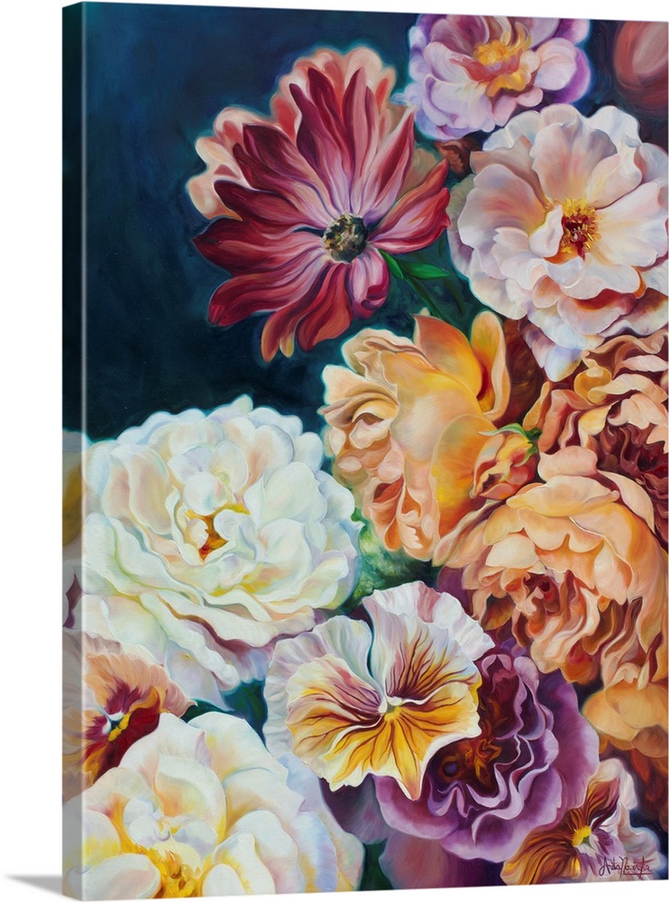 Abundance is a big flower painting of a wedding bouquet filled with golden roses, cream roses, burgundy cosmos and pansies...