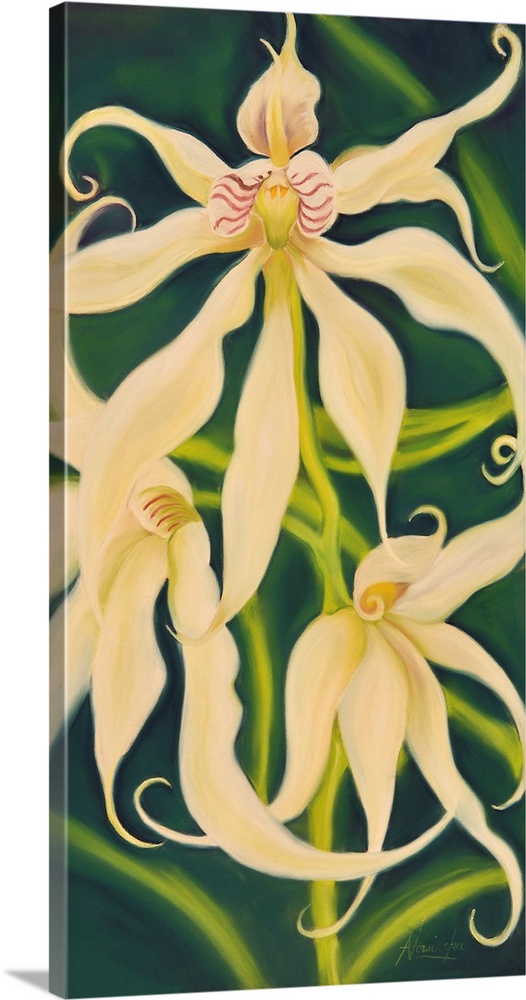 Contemporary painting of cream-colored orchids on a dark green background.