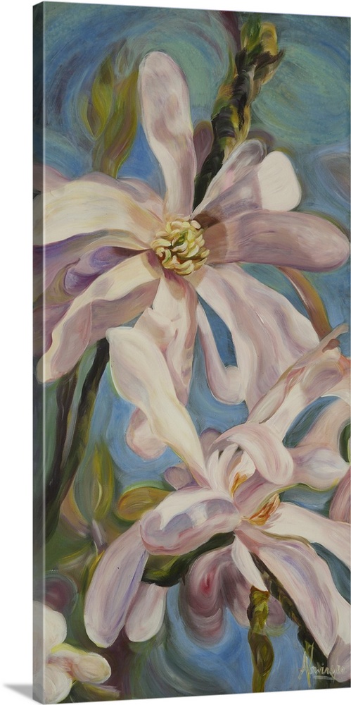 Companion s is a contemporary flower painting of pale pink magnolias on a sunny sky background. The flower painting exudes...