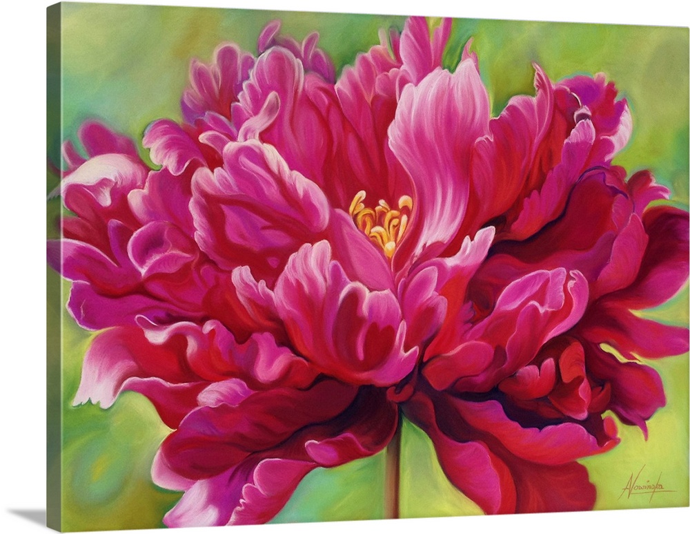 Confidence is a big flower painting of a bright pink, cerise peony on a lime green background. Curling petals burst across...