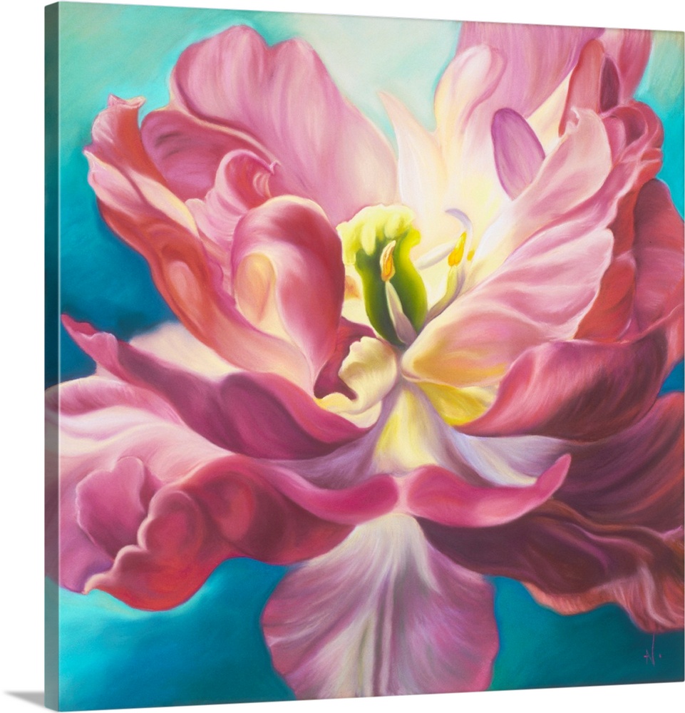 First crush is a big flower painting of a pink tulip on a turquoise background highlighted by sunlight. The tulip painting...