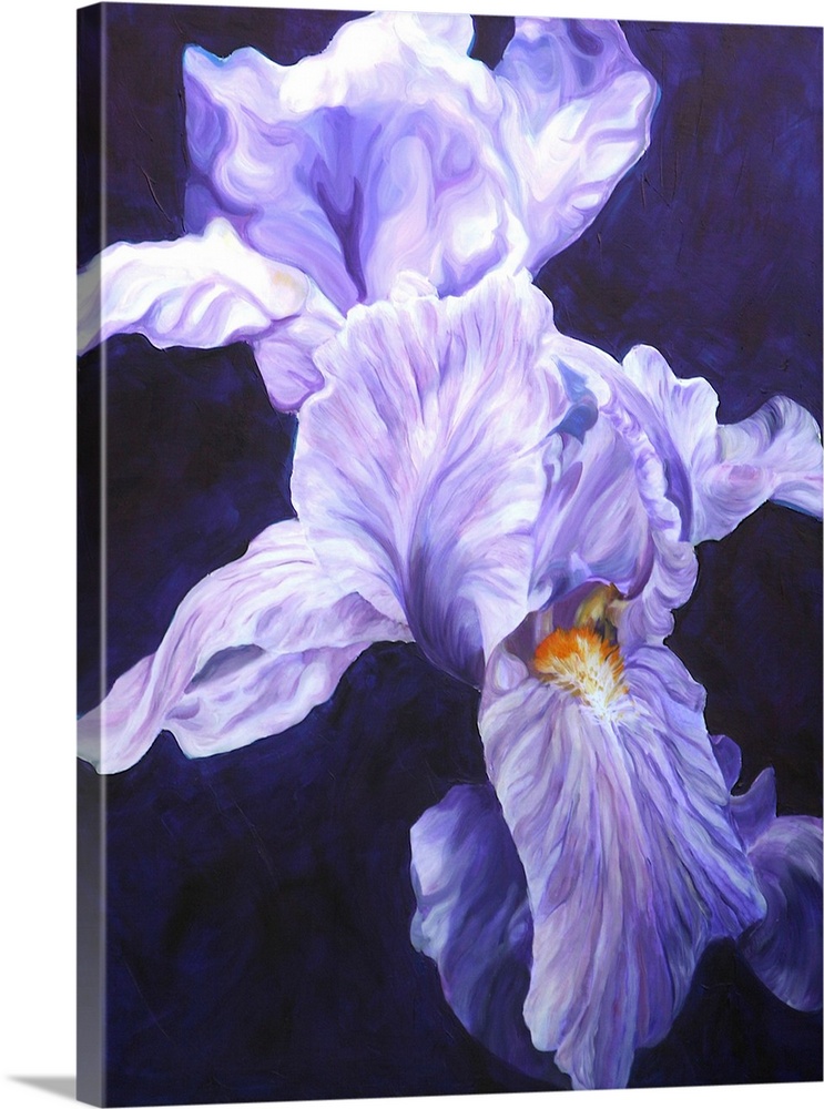 Flow is a big flower painting of a lilac iris on a deep purple background which brings a rich sophisticated feeling to a r...