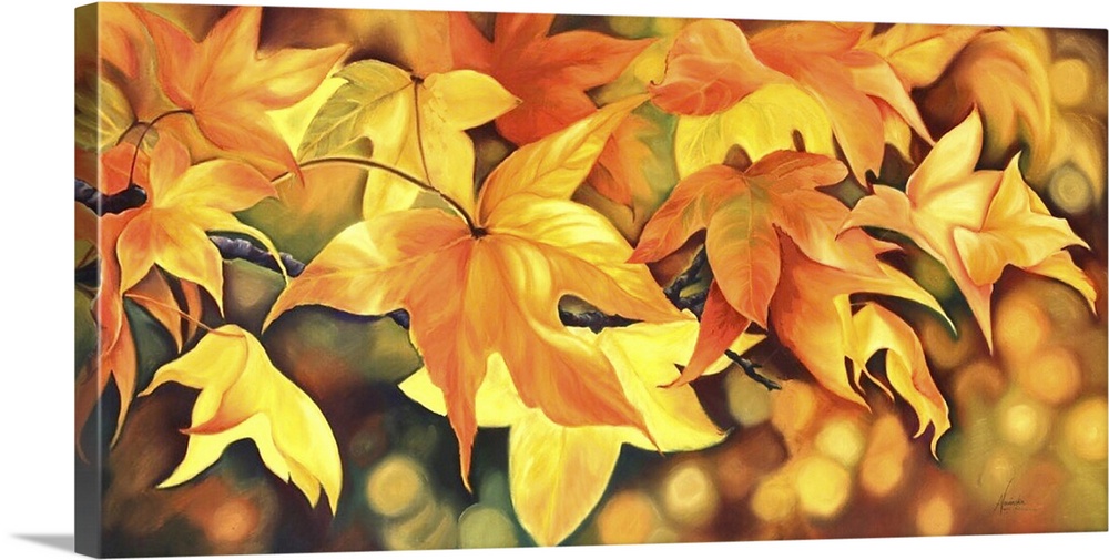 Loves glow is a big painting of autumn leaves in fall with bright golden tones or orange yellow green and red it radiates ...