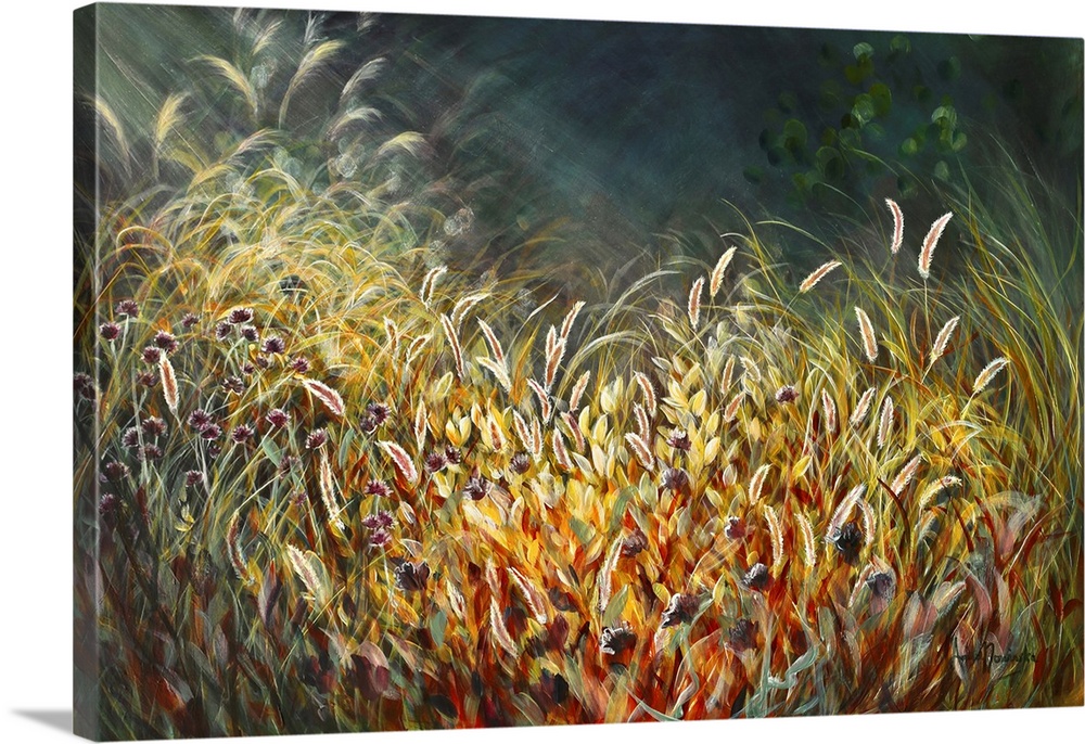 Painting of a golden meadow of grasses and purple valerian flowers on a dark teal background with rays of sunlight.