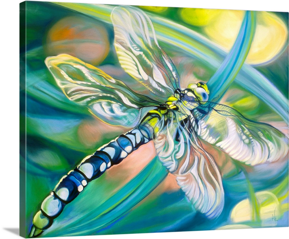 Transformation is a big green dragonfly painting on a blue turquoise and green background.